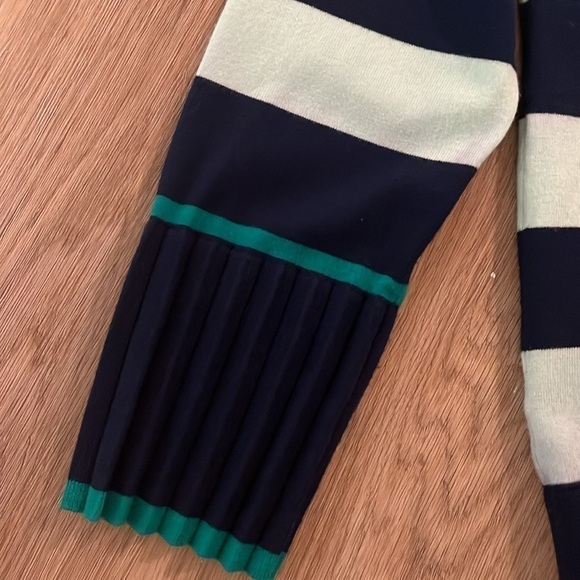 Talbots Mint Green/Navy Lightweight Striped Sweater Pleated Trim Cuffs Medium - Picture 3 of 6